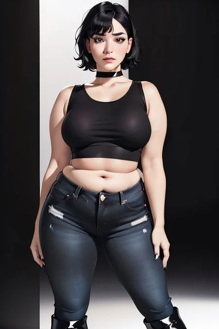 ((Best Quality, High Resolution, Extremely Detailed, Perfect Lighting, Over-Detailed, 8K, Masterpiece, Best Aesthetic)),
(1girl, short black hair, mature female, 35 years old, doomer girl, meme),
(Chubby, Fat Rolls, narrow waist, realistic skin imperfections),
(standing, sad, sad face, sad eyes, looking over to viewer, full body shot),
(choker, plain black t-shirt, plain black croptop, bare midriff, black high waisted denim hotpants, black boots)
(white background, plain white background),
(EyeDetail, fHandDetail, mtstyle)