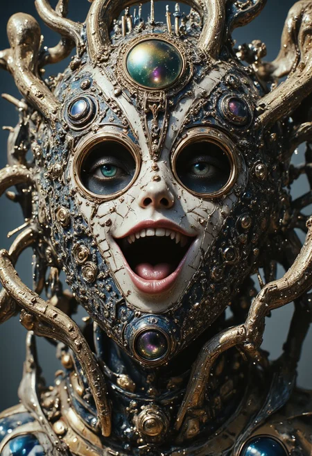 A close-up portrait of a laughing woman with planet-head in M.C. Escher's surreal space laboratory. Her intense deadly laughing gaze locks onto the viewer, eyes glowing faintly with toxic-green energy. The background dissolves into intricate geometrical illusions and woodcut-style patterns, reminiscent of 1970s psychedelic album art, an ornate metallic crown, its surface etched with shifting, holographic emblems from a forgotten dynasty. The lighting is soft yet dramatic, pastel tones blending into monochrome with subtle, iridescent accents. Her face is framed by flickering shadows that warp and twist like an optical illusion, giving a surreal and otherworldly vibe.