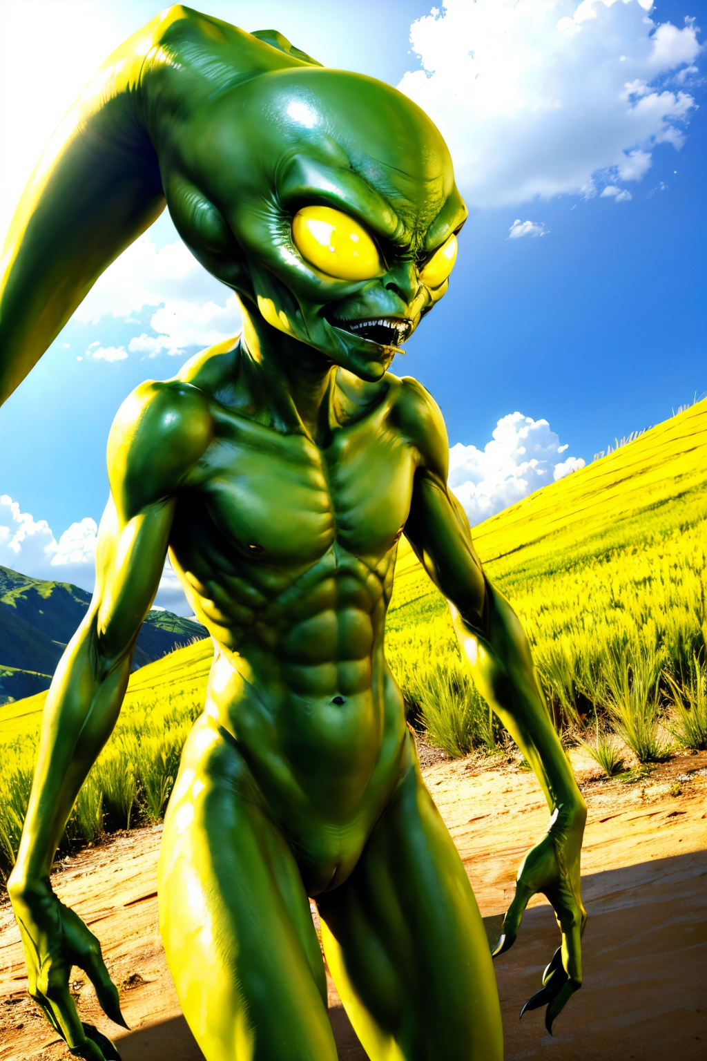(Realisitc:1.5) Green and yellow alien woman monster <lora:EdobAlienMonsterFemale_v1.0:0.8>