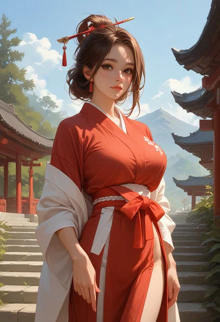 score_9, score_8_up, score_7_up, solo, woman standing, brown hair, japanese temple, temple background, fully clothed, hairpin, Miko clothing, large breasts <lora:KureyonPony:1>