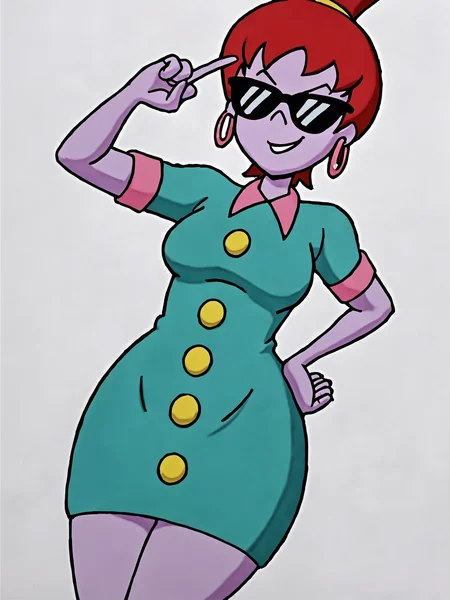 score_9, source_anime, masterpiece, high quality, BREAK, white background, 1girl, <lora:Beebee_Bluff_PDXLv0:0.5> beebee bluff, hoop earrings, green dress, v:1.2, aged up, medium breasts, mature body, wide hips, hand on own hip, sunglasses, middle finger