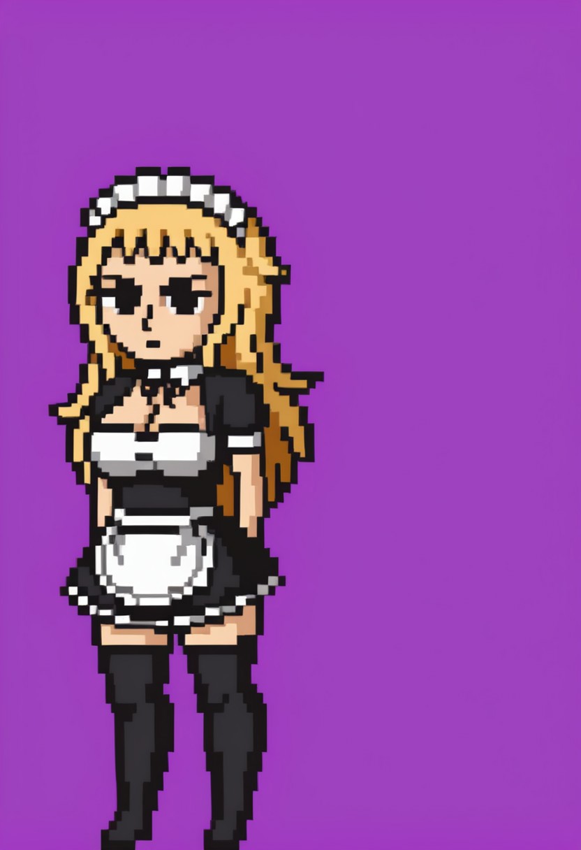 <lora:lisathepointless-v5.4_:1> by lisathepointless, solo, purple background, simple background, 1girl, large breasts, dire, direpony, long hair, gold hair, strawberry blonde hair, cheddar orange hair, black eyes, wide hips, sneer, upset expression, presenting, maid dress, thigh high socks, black socks