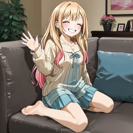 KJOmarin, blonde hair, long hair, pink eyes, earrings, ear piercing, multicolored hair, barefoot, kneeling, waving, smile, closed eyes, couch, soles
