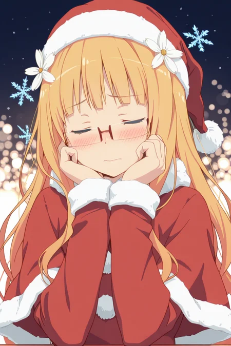 masterpiece, best quality, amazing quality,
<lora:Mitsuki_IL:1> mitsuki, 1girl, santa hat, solo, hat, closed eyes, long hair, glasses, hair ornament, hair flower, snowflakes, flower, blush, christmas, santa costume, blonde hair