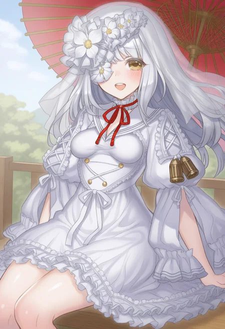 ((safe)), 1girl,  (yoshitsugu_muramasa, hair_over_one_eye, white flower, white dress, ribbon, veil),  blush, smile, open mouth, sitting, oil-paper umbrella, outdoors, shiny skin, best quality, amazing quality, very aesthetic, absurdres, <lora:yoshitsugu_muramasa_ill:1>