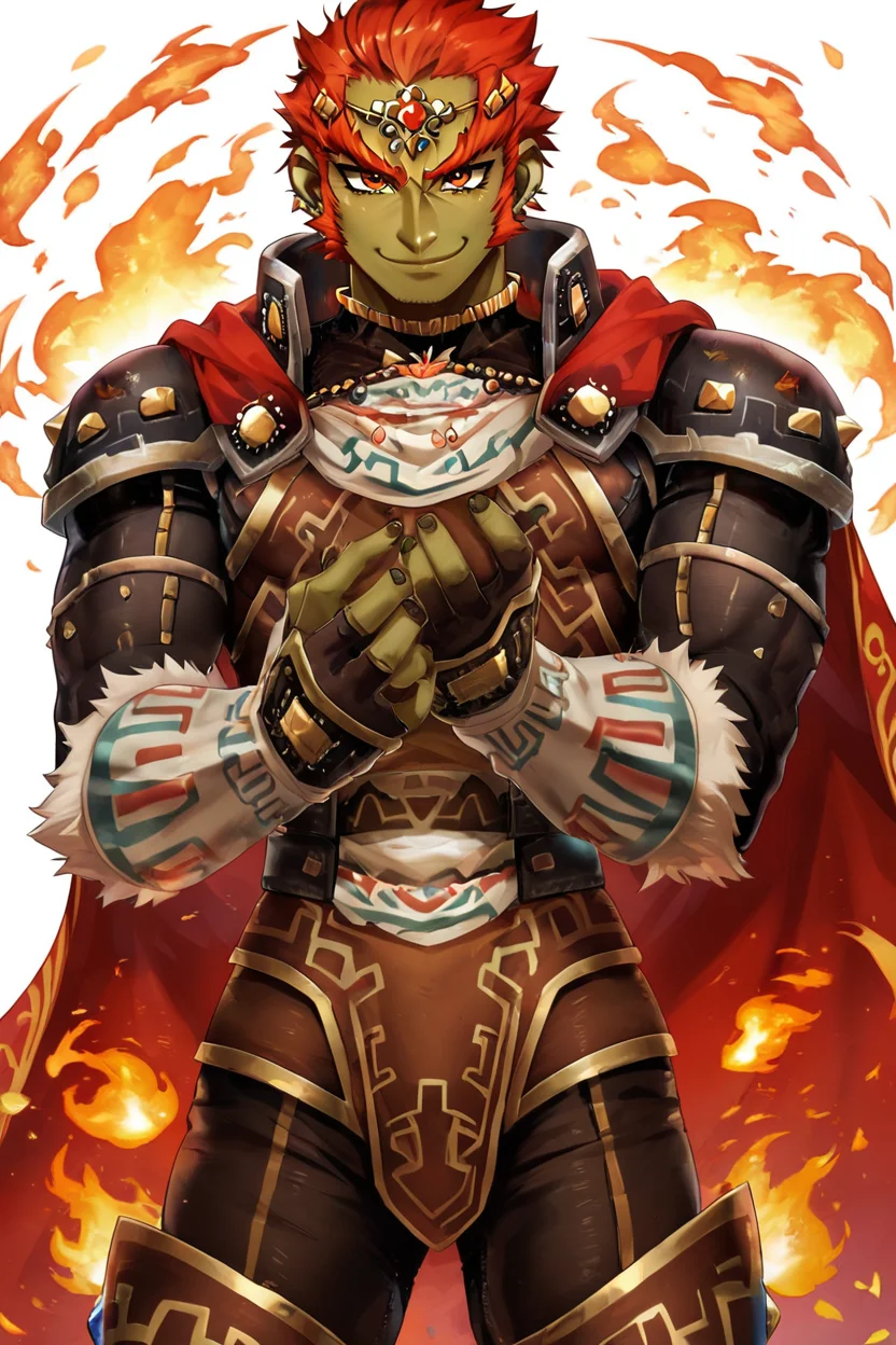 score_9, score_8_up, score_8, BREAK, , ,,, (upper body), zzGanondorf, 1boy, red hair, dark skin, armor, gloves, jewelry, muscular, shoulder pads, short hair, cape, muscular, fire, aura, <lora:Ganondorf_OoTZelda_PDXL:0.8>, ,,,, BREAK, smile, closed mouth, looking at viewer, cowboy shot, ,,, embedding:zPDXL, Expressiveh, ,,, <lora:Puppypaww_Style_PDXL_v2:0.8>, <lora:SDXLFaeTastic2400:0.5>, <lora:Expressive_H-000001:0.4>,