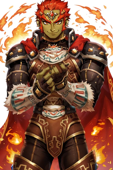 score_9, score_8_up, score_8,   BREAK, , ,,, (upper body),  zzGanondorf, 1boy, red hair, dark skin, armor, gloves, jewelry, muscular, shoulder pads, short hair, cape, muscular,  fire, aura,  <lora:Ganondorf_OoTZelda_PDXL:0.8>,   ,,,, BREAK, smile, closed mouth, looking at viewer, cowboy shot, ,,, embedding:zPDXL, Expressiveh, ,,, <lora:Puppypaww_Style_PDXL_v2:0.8>, <lora:SDXLFaeTastic2400:0.5>, <lora:Expressive_H-000001:0.4>,