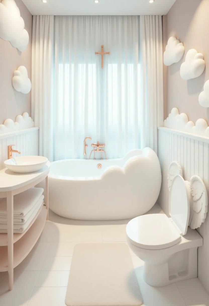 <lora:Custom_Bathroom_Crafter_FLUX-000013:0.8>
This is a photograph of a clean, heaven themed bathroom, with white details, cloud shaped bathtub, and angel wings toilet.