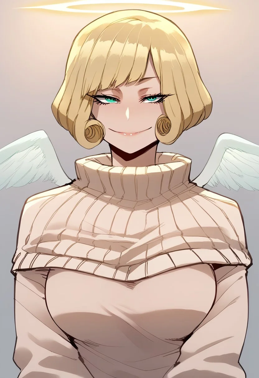 score_9, score_8_up, rating_explicit, 1 girl, detailed, absurdres, extreme_quality,1 girl, adult woman, picture of 1 woman, upper body focus, upper body, 5 fingers, looking at viewer, smug expression, smug smile, halo, blonde hair, short hair, bangs, curly hair, green eyes, beige sweater, angel wings, big breasts,