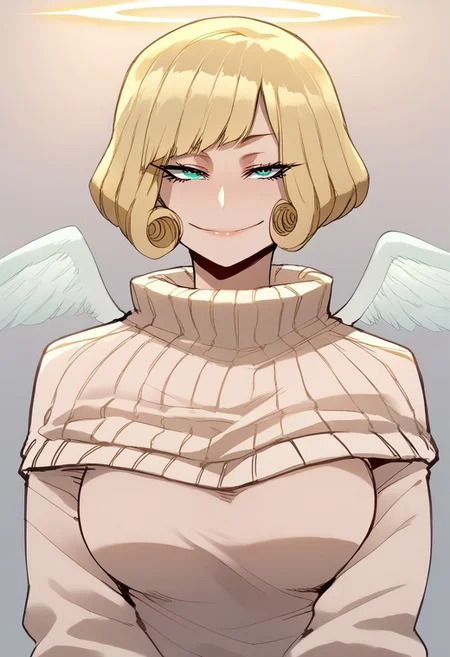 score_9, score_8_up, rating_explicit, 1 girl, detailed,    absurdres, extreme_quality,1 girl,     adult woman, picture of 1 woman,  upper body focus, upper body,   5 fingers,  looking at viewer,  smug expression, smug smile,  halo, blonde hair, short hair, bangs, curly hair, green eyes, beige sweater,   angel wings, big breasts,
