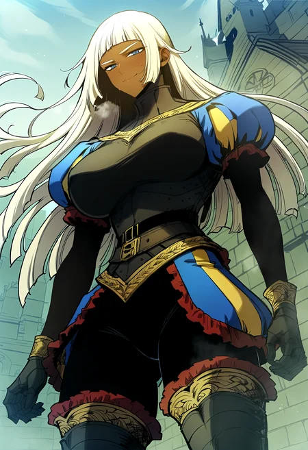 score_9, score_8_up, score_7_up, score_6_up, source_anime, rating_explicit, <lora:neg4all_bdsqlsz_V3.5:2.0>1girl, solo, huge breasts, <lora:Opheliaponyxl:1> long hair, white hair, blunt bangs, blue eyes, dark skin, dark-skinned female, gloves, puffy sleeves, belt, breastplate, armor, dress, thigh boots, frills, bodysuit, smile, Narrow shoulders, heavy breathing, sweat, steaming body, castle, outdoor, looking at viewer