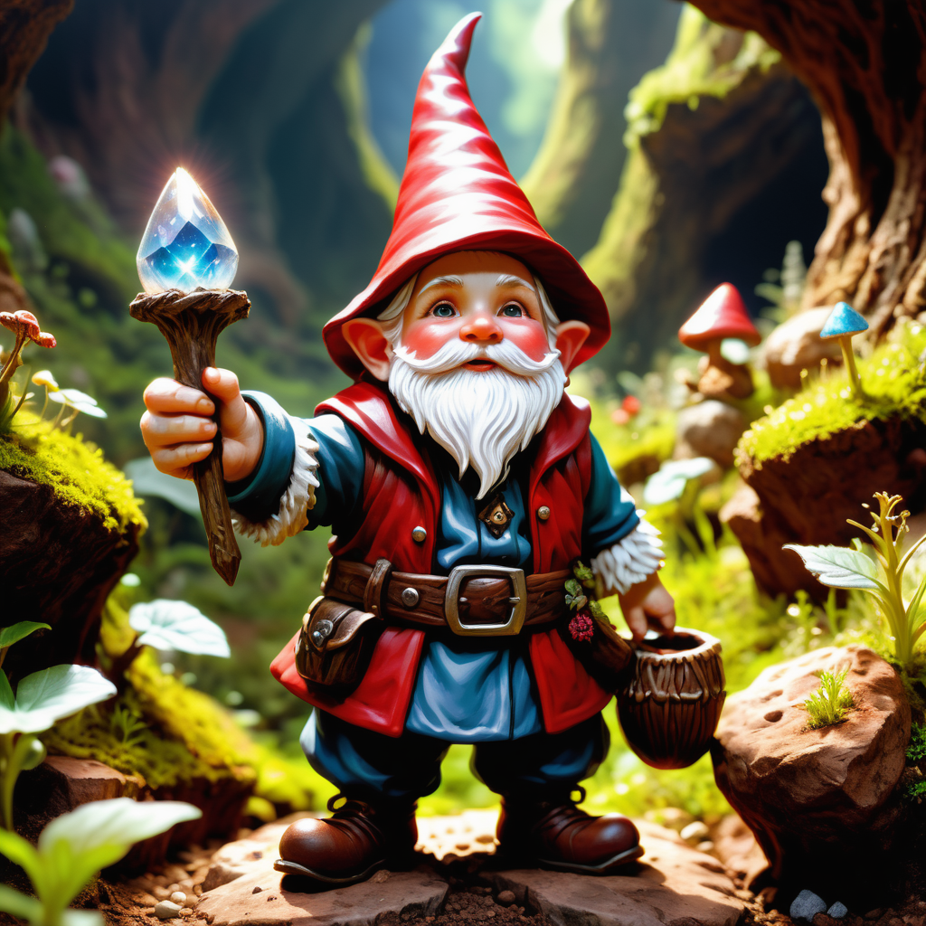 hyper detailed masterpiece, dynamic, awesome quality,female  gnome, small humanoid creature, stocky and stout appearance, long white beard, pointed hat, red or earth toned, rounded belly, rosy cheeks, practical earthy clothing, connection to earth and nature, underground settings, craftsmanship, earth magic, earth and minerals