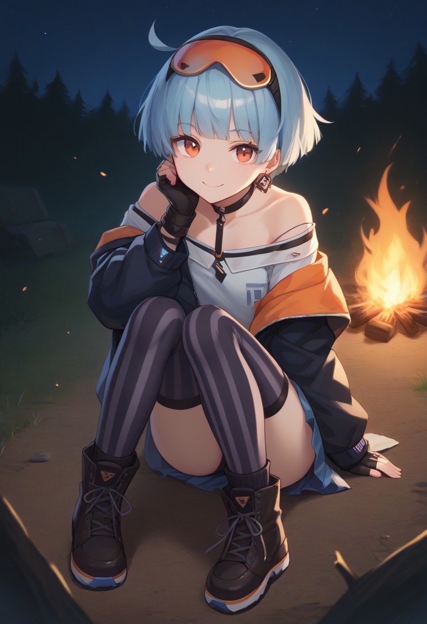 score_9, score_8_up, score_7_up, source_anime, BREAK goggles on head, earring, off-shoulder jacket, fingerless gloves, mismatched legwear, night, sitting down, campfire, looking at viewer, light smile