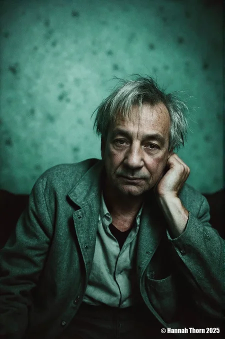 The image presents a haunting scene of an elderly man in a state of distress, reminiscent of Vincent van Gogh's portraits. His face bears the marks of time and hardships on his skin, with noticeable age spots and wrinkles etched into it. The bluish-green tone adds to the overall sense of melancholy and loneliness that seems to emanate from this man. The composition is masterful, using depth of field techniques to isolate him in a space bathed in muted green and blue hues. His position in the foreground draws immediate attention while subtly blurring the background, creating an intimate feel between the viewer and the subject. The camera's perspective is from slightly below his eye level, enhancing this connection through the lens. The lighting setup is dramatic, with a soft yet intense saturation that casts a gentle glow on his features, highlighting his worn-out clothes. The choice of using warm and cool tones intermingles subtly, adding an element of nostalgia to the overall color palette. The image is rich in detail, inviting the viewer to dive deeper into the subject's world. It's a cinematic piece that captures not just his physical appearance, but also his emotional state - a blend of fragility and resilience.<lora:_Flux\_Photographer\Anders_Petersen.safetensors:1.0000000000000002:1.0000000000000002>