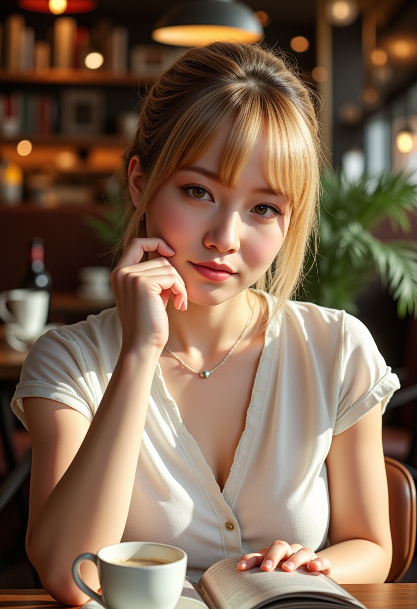She is approximately 18 years old. Hyperrealism, she is looking at the camera, (dynamic angles), profile headshots of a beautiful, stunning unique female character. she has blonde hair. her eyes are filled with joy and excitement, extravagant eyelashes, a photo of Kitti3, a woman wearing  a white frilly shirt. She is sitting in a café, indoors, reading a book, with a cup of coffee sitting on the table in front of her. The café is decorated for Christmas.  The woman is posing confidently. She has a slight smile on her face and is looking directly at the camera. making this image a masterpiece of photography and digital art. realistic. making this image a masterpiece of photography and digital art. Style: realistic hyper-detailed rendering, 32k UHD, expressive eyes, punk, graphic design, girl's face, pretty and cute, gleaming lips, telling a tale of adventure. Exuding confidence and serenity. The overall mood of the image is happy and relaxed,detailed skin texture,(blush:0.2),(goosebumps:0.3),subsurface scattering,whimsical,Detailed hand, Perfect hand. Perfection style.