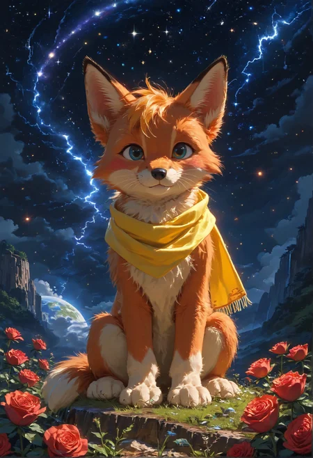 detailed background,Cinematic Lighting,film grain,score_9,score_8_up,score_7_up,zPDXL2,masterpiece,best quality,highly detailed,glowing,hand person,Expressiveh, <lora:(增强)sdxl_lightning_8step_lora:1>,<lora:glowneon_xl_v1:1>, <lora:(增强)Hands XL 4:1>,<lora:(增强)Expressive_H-000001:0.8>, <lora:Vixon\Vixon's Pony Styles Astro:0.8> , little prince, a rose, a fox, little planet, night sky, universe, yellow scarf, yellow hair, 4str0,star \(sky\), earth \(planet\), planet,Le Petit Prince,1child