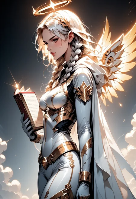 score_9, score_8_up, score_7_up, (Western Comics), a full body image of a sexy mechangel girl, caucasian, seductive, (glowing wings), solo, glowing armor, glowing halo, glowing mechanical 4 wings (hyperdetailed:1.15), detailed, light passing through hair, (ultra detailed, high quality texture), (sharp), (artistic image), 32K, 4K, ULTRA HD, small waist, large breasts, tight white bodysuit with, crop: -5, (3/4 portrait), wide view, ((her whole head and hair is visible)), zoomed out, wings completely visible, (from thighs and up), wings folded along her body, cowboy shot, angelify, (monochrome background), (nothing in background), plain background, long hair Twin Braids, Hooded cloak, ((holding a book, zzmagicbook,)), side view