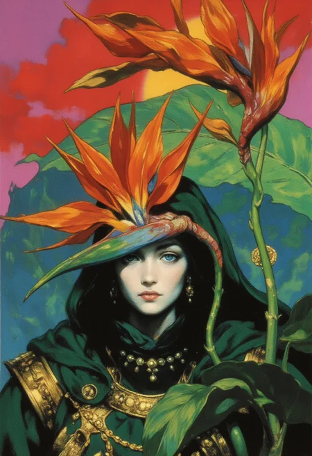 A vivid **Frank Frazetta fantasy oil painting** of a medieval woman, her face partially concealed by large, exotic bird-of-paradise leaves, each petal bursting with fiery shades of red, orange, and yellow. The leaves frame her face, almost like a crown, their vibrant hues contrasting against her pale porcelain skin, which gleams with subtle droplets of water. The texture of her skin appears almost ethereal, with the delicate shine enhancing her sculpted features. her tunic, a deep emerald green, clings to her broad shoulders and chest, embroidered with intricate golden patterns that catch the light, adding a touch of regal elegance to her rugged appearance. her intense sapphire-blue eyes, filled with mystery, are the only part of herface visible, their piercing gaze commanding attention. The background swirls with surreal energy, transitioning from a bright lime green at the base to a fiery magenta sky that seems to pulse with life. The dynamic composition, full of vivid colors and intricate textures, draws the viewer’s eye across the entire scene, capturing the raw intensity of the character. The blend of natural elements with medieval attire creates a striking fusion of realism and fantasy, with each brushstroke bringing the scene to life.