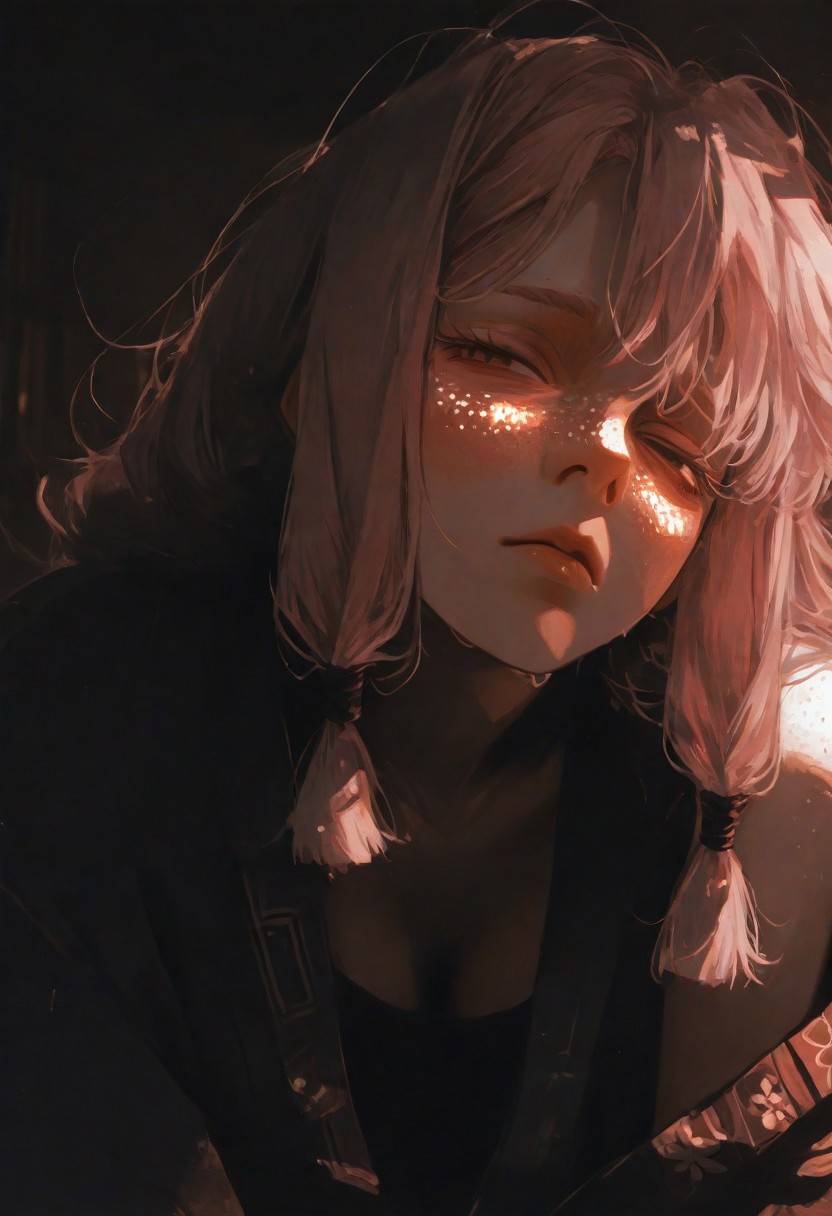 masterpiece,best quality,amazing quality,very aesthetic,newest,ultra detail, (score_9,score_8_up,score_7_up,score_6_up),hyper-detailed,ultra HD,cinematic lighting,(maeve:2.0),(looking at viewer:1.5),(pink hair:1.5,long braids:1.2),(deep emotional connection:1.4),(detailed facial features:1.4),(yellow eye:1.5,glowing eye:1.5,Cat pupil:2.0,Detailed eye),(white freckles,glowing freckles:2.0),small breasts,(bare shoulder:1.5),(Hanging breasts),(black kimono:1.5,kimono open,cleavage),(Tired expression:2.0),(dark circles under the eyes:1.0),(Sleeping face:1.5),(deeply distressed:1.5),reflective skin,shiny skin,wet skin,oiled skin,(wet clothes:1.5,wet kimono:1.5,skin-tight clothing),(squinting eye:1.5),tabi,Calf,plump lips,(Sitting:1.5),side locks,makeup,floral print,(extreme close-up of face:1.8),(three-quarter view),(head tilted back),(chin raised),(one eye covered by hair),(depth of field),(face focus:1.8),(soft blur in background),(asymmetrical bangs),(dramatic lighting), <lora:illustrious_all_rated_v1:0.5><lora:ppw_v7_noobE11_6_r2_0.05:0.6><lora:nhl-001:0.6> nhl-001,limited palette,realistic,BREAK
Japanese house, Moody lighting,<lora:wasabi_natsume_style_r1:0.8> wasabi_natsume_illu,abstract, surreal,<lora:748cm_illu:0.4> 7481llu