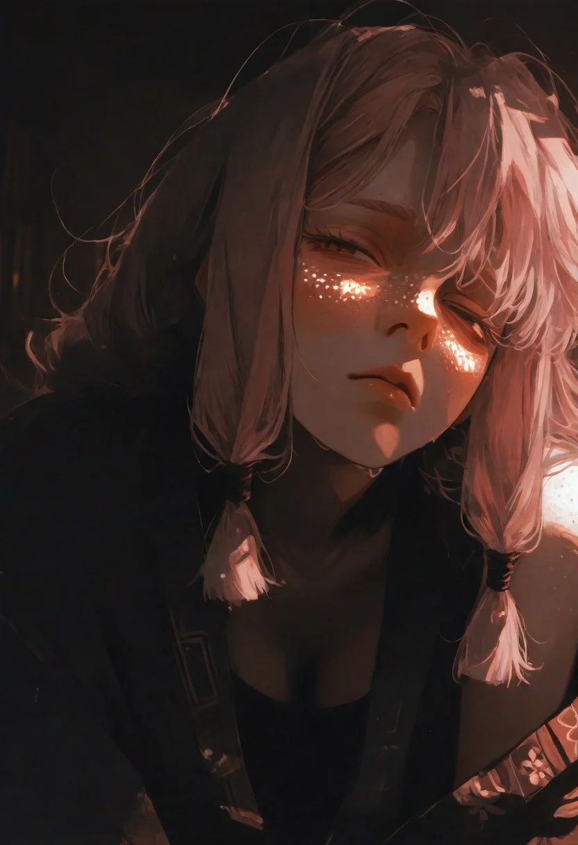 masterpiece,best quality,amazing quality,very aesthetic,newest,ultra detail, (score_9,score_8_up,score_7_up,score_6_up),hyper-detailed,ultra HD,cinematic lighting,(maeve:2.0),(looking at viewer:1.5),(pink hair:1.5,long braids:1.2),(deep emotional connection:1.4),(detailed facial features:1.4),(yellow eye:1.5,glowing eye:1.5,Cat pupil:2.0,Detailed eye),(white freckles,glowing freckles:2.0),small breasts,(bare shoulder:1.5),(Hanging breasts),(black kimono:1.5,kimono open,cleavage),(Tired expression:2.0),(dark circles under the eyes:1.0),(Sleeping face:1.5),(deeply distressed:1.5),reflective skin,shiny skin,wet skin,oiled skin,(wet clothes:1.5,wet kimono:1.5,skin-tight clothing),(squinting eye:1.5),tabi,Calf,plump lips,(Sitting:1.5),side locks,makeup,floral print,(extreme close-up of face:1.8),(three-quarter view),(head tilted back),(chin raised),(one eye covered by hair),(depth of field),(face focus:1.8),(soft blur in background),(asymmetrical bangs),(dramatic lighting), <lora:illustrious_all_rated_v1:0.5><lora:ppw_v7_noobE11_6_r2_0.05:0.6><lora:nhl-001:0.6> nhl-001,limited palette,realistic,BREAK
Japanese house, Moody lighting,<lora:wasabi_natsume_style_r1:0.8> wasabi_natsume_illu,abstract, surreal,<lora:748cm_illu:0.4> 7481llu