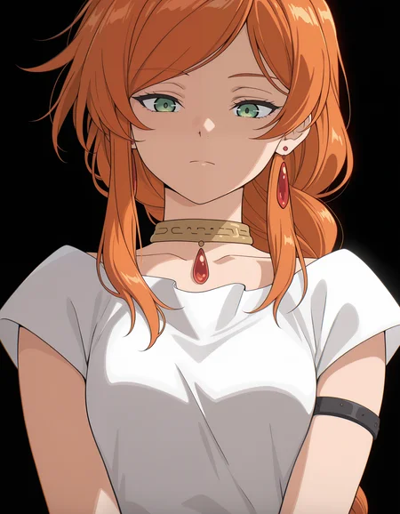 <lora:Flamme Illu:1>fl4mme, orange hair, green eyes, braided ponytail, red earrings,
white dress, short sleeves, single armlet, bracelets, necklace,
portrait,
anime screenshot,
simple background, black background,, masterpiece, best quality, amazing quality