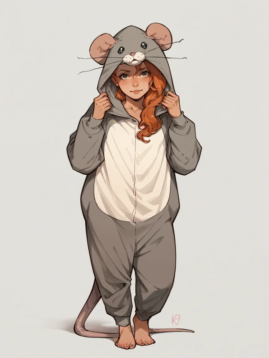 score_9, score_8_up, score_7_up, score_6_up, score_5_up, <lora:ratonsieXLP3:1> rat onsie, barefoot, animal costume, tail, 1girl, ginger hair,