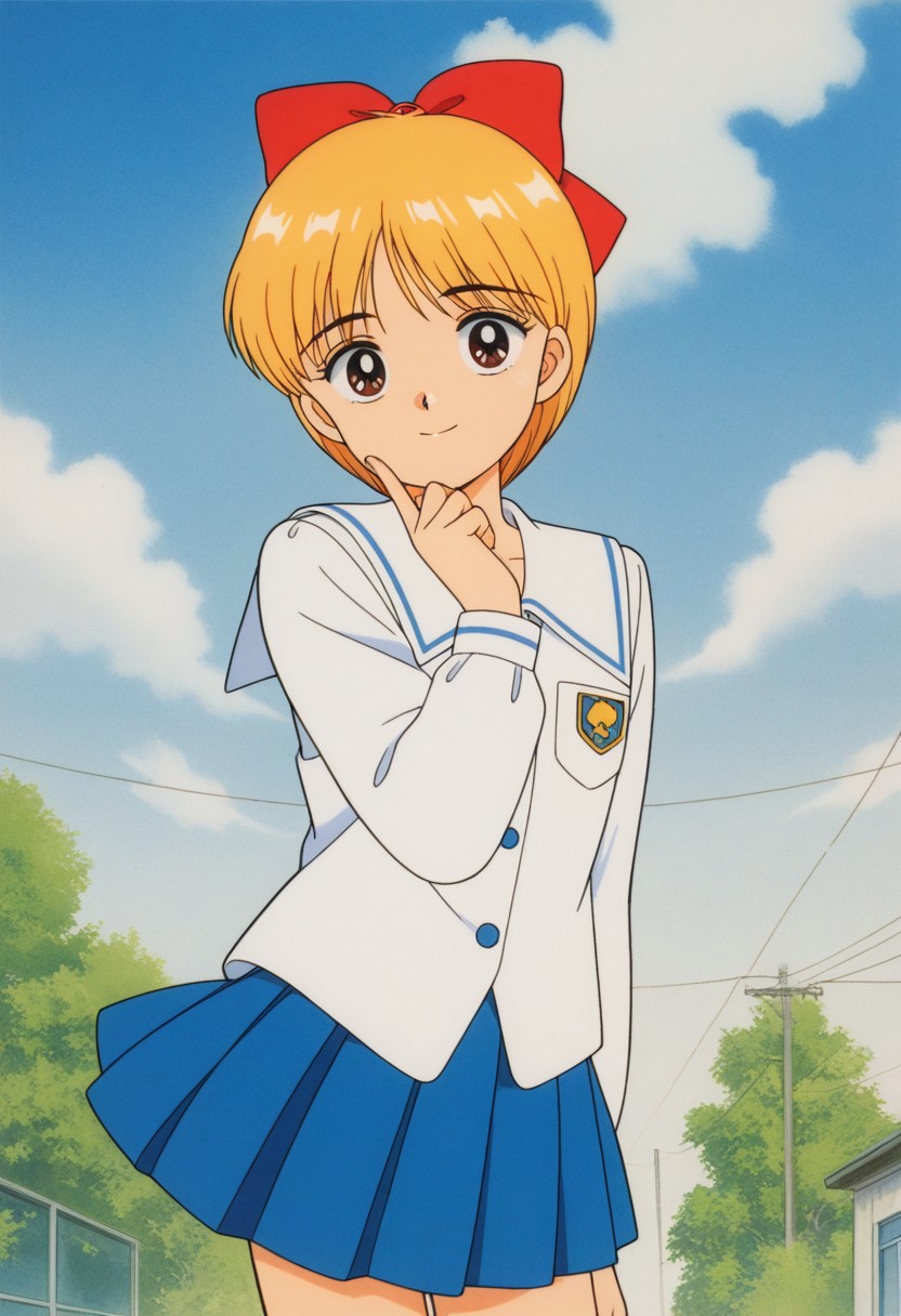masterpiece, best quality, source_anime,official art,perfect_anatomy,1990s_\(style\),retro_artstyle,1girl, Himeko_Nonohara, brown_eyes, blonde_hair, red_bow, hair_bow,school uniform,skrit,(looking_at_viewer,smile),cowboy shot,close to viewer,day,blue_sky,cloud
