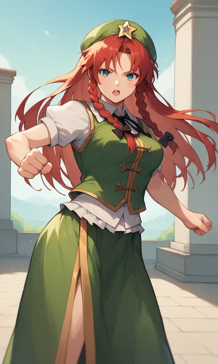 score_9, score_8_up, score_8, score_9, 1 girl, source_anime, <lora:hong_meiling_pony-10:1>, hong meiling, beret, green vest, short sleeves, long skirt, green skirt, red hair, star hat ornament, twin braids, cowboy shot, outdoors, fighting stance, dynamic pose