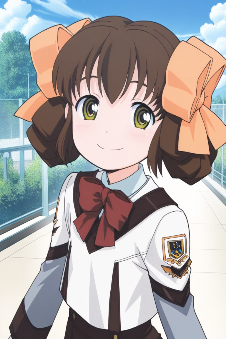 masterpiece, best quality, source_anime,official art,perfect_anatomy,1girl,Nonomi_Higasihara,brown_hair,bangs,hair_bow,red_bowtie,school_uniform,long_sleeves,(beautiful detailed face,looking_at_viewer,smile),upper_body,day,blue_sky,cloud