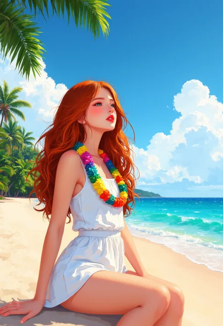 Digital illustration of a young woman with wavy auburn hair, sitting on a beach under a bright blue sky filled with fluffy white clouds. She wears a colorful Hawaiian garland around her neck and a white sundress, enjoying the warm sun and the gentle breeze. The background features a vibrant blue ocean with soft waves lapping at the shore, and palm trees swaying in the distance. The style is clean and modern, with flat colors and smooth lines, capturing the lively and joyful atmosphere of a tropical beach day