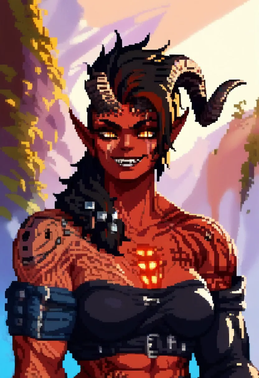 score_9, score_8, score_7, score_6_up, aduare_style,pixel artm, 1girl, solo, KarlachBG3, demon girl, colored skin, slit pupils, tattoo, scars, muscular, smile