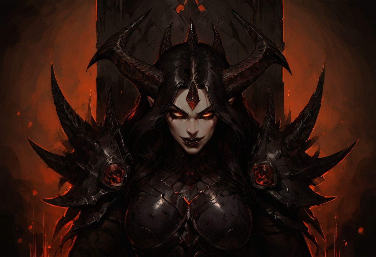 score_9, score_8_up, score_7_up, score_6_up, masterpiece, 1girl, solo, Femme demon, Femme, demon, dual tone dark purple and black hair, four horn, horn, long hair, pale skin, happy, 20yo girl, perky tits, full plate metal armor, metal armor, seductive eyes, upper body, seductive smile, black lips, no hat, pose, sit on throne, dynamic angle, motion lines, motion blur,