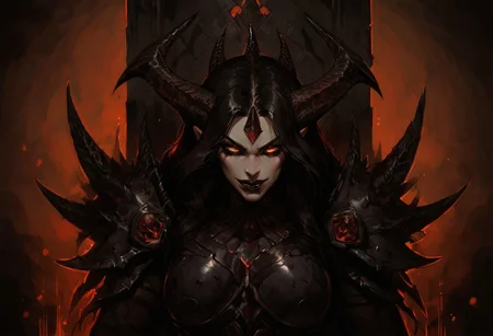 score_9, score_8_up, score_7_up, score_6_up, masterpiece, 1girl, solo, Femme demon, Femme, demon, dual tone dark purple and black hair, four horn, horn, long hair, pale skin, happy, 20yo girl, perky tits, full plate metal armor, metal armor, seductive eyes, upper body, seductive smile, black lips, no hat, pose, sit on throne, dynamic angle, motion lines, motion blur,