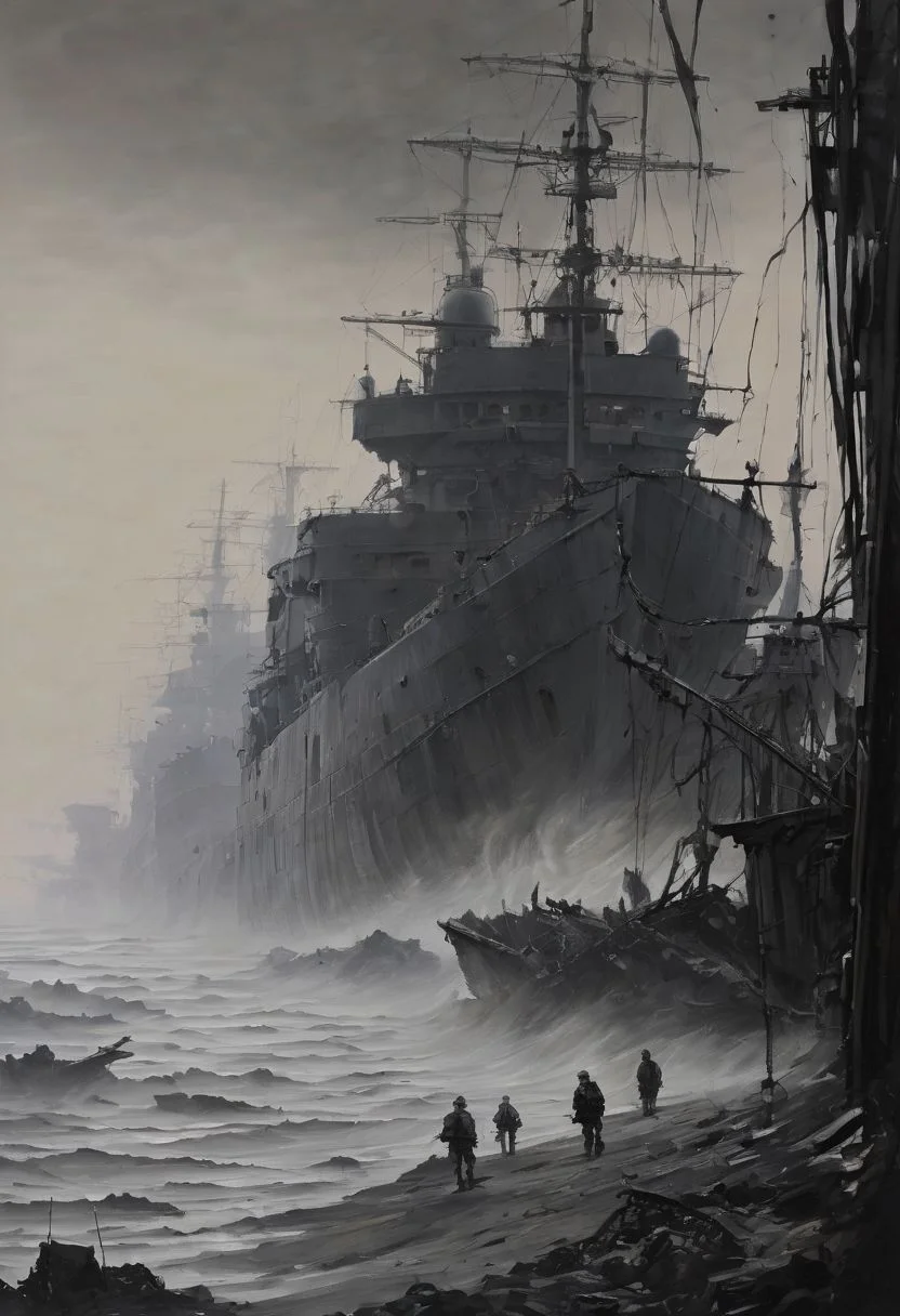 Long, weary lines of soldiers trudging back from the front, shadows of the men they once were, Dusk, , Shipwreck, Disquieting,Phantom-like, (Monochromatic:1.1), (Isolation:1.1), (Chiaroscuro:1.1), (Strobe light:1.2), Marble, Polygon, ((Romantic,soft,passionate,tender:0.99),(Rule of Thirds,balanced,offset focus,Rough,gritty,coarse,rugged,Hard Light,sharp,strong contrast,defined:0.75),(Cinma Vrit,naturalistic,observational,unobtrusive:0.99):0.5), ultra detailed, intricate, oil on canvas, dry brush, (surrealism:1.1), (disturbing:1.1) <lora:d4lixl:0.5>