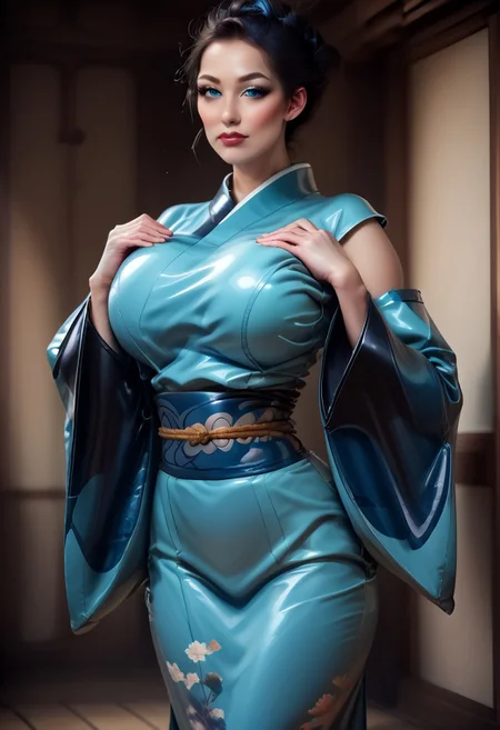 score_9, score_8_up, score_7_up, rating_safe, concept art, semi-realistic, 1girl, solo.
Young beautiful face, fit body, Blue eyes.
(Big breast:1.2), (Round breast:1.5).
Latex Kimono, (Wide sleeves), Obi.
((detached sleeves))
