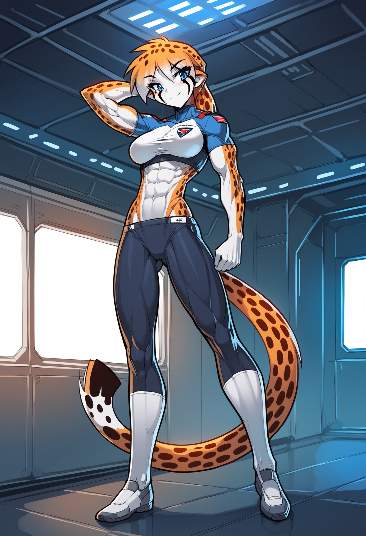 score_9,score_8_up,score_7_up,score_6_up,score_5_up,source_anime,absurdres,(fred perry:0.5),
BREAK 1girl,Britanny Diggers,slender,toned,perfect anatomy,medium breasts,blue eyes,<lora:Britanny_Diggers:0.9>,spots,tail,indoor,full body,spaceship room,uniform,, <lora:Pony_DetailV2.0:1>