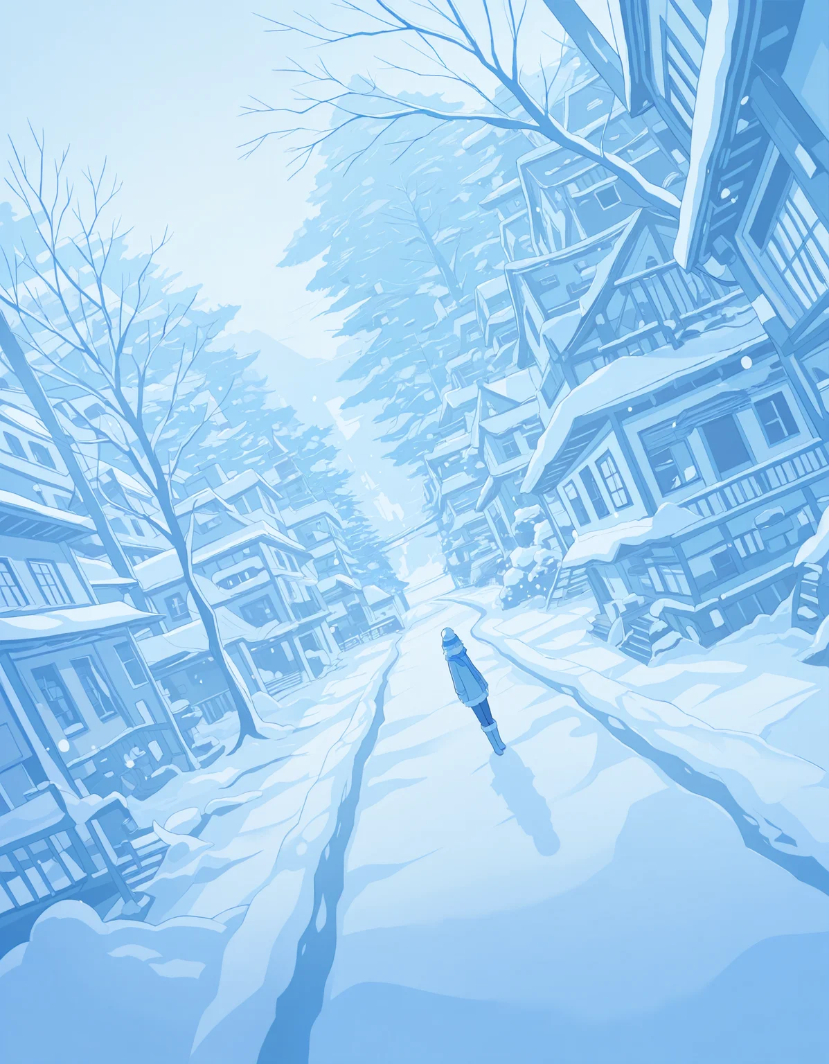 masterpiece, best quality, newest, highres, absurdres, <lora:hebitsukai_style:1>,hebitsukai_illu, solo, 1girl, flat color, snow, tree, boots, outdoors, building, scenery, dutch angle, hat, blue theme, fur trim, scarf, short hair