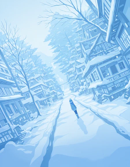 masterpiece,  best quality, newest, highres, absurdres, <lora:hebitsukai_style:1>,hebitsukai_illu,  solo, 1girl, flat color, snow, tree, boots, outdoors, building, scenery, dutch angle, hat, blue theme, fur trim, scarf, short hair