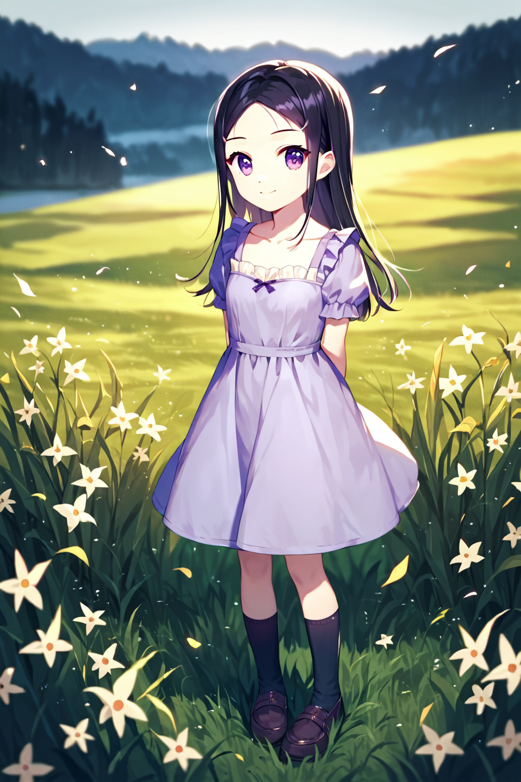 score_9, score_8_up, score_7_up, score_6_up, rating_safe, source_anime, best quality, masterpiece, detailed background, detailed eyes, outdoors, grass, purple sundress, <lora:otosaka-ayumi-xl:1.4>, otosaka ayumi, hands behind back, black socks, purple eyes, smile, black hair, small breasts,