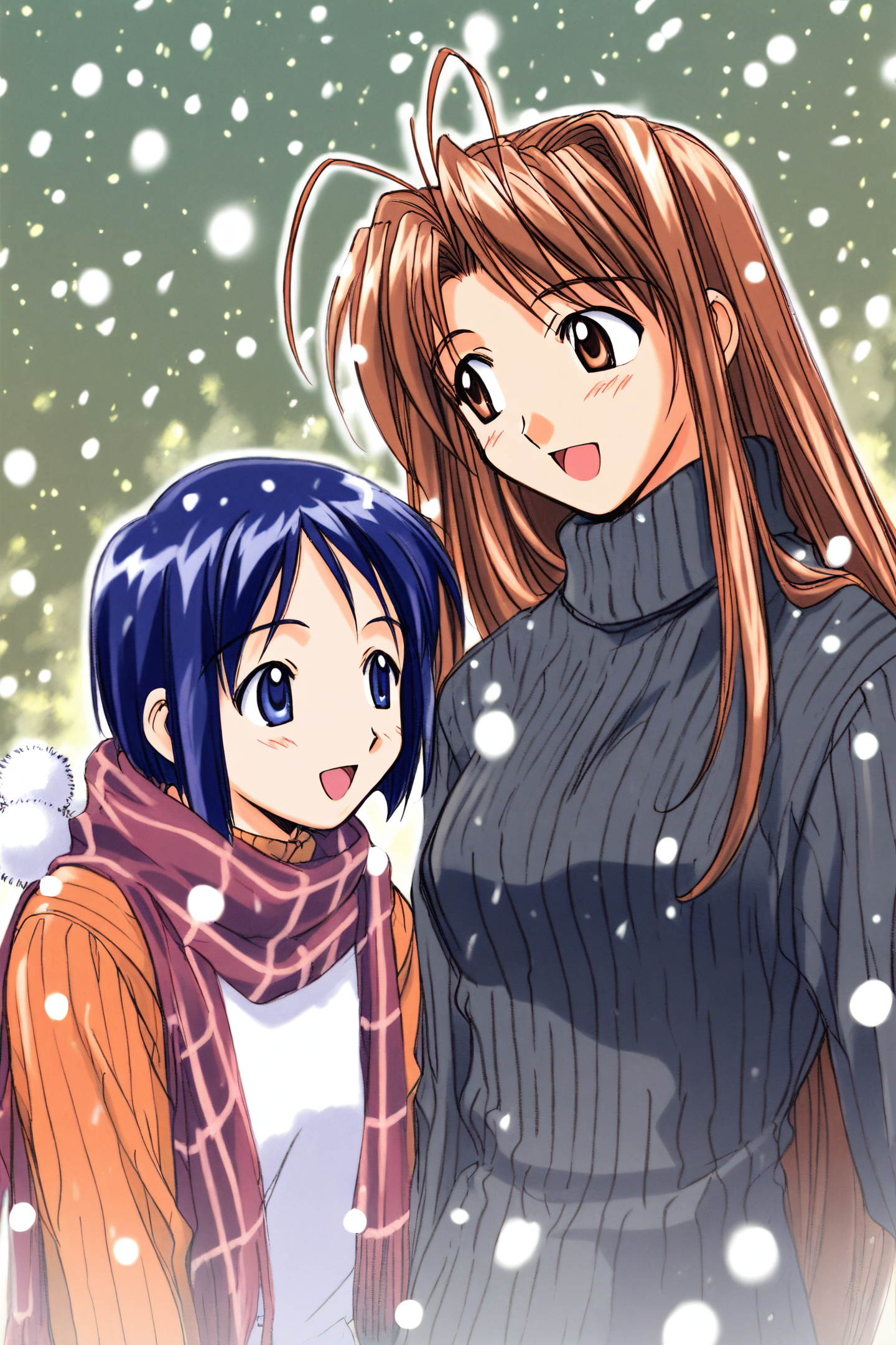 Shinobu Maehara,Narusegawa Naru,2girls,antenna hair,scarf,brown hair,long hair,blue hair,short hair,brown eyes,sweater,smile,long sleeves,blue eyes,turtleneck,striped clothes,open mouth,upper body,looking at another,snowing,
<lora:Akamatsu Ken_XL:0.8>,