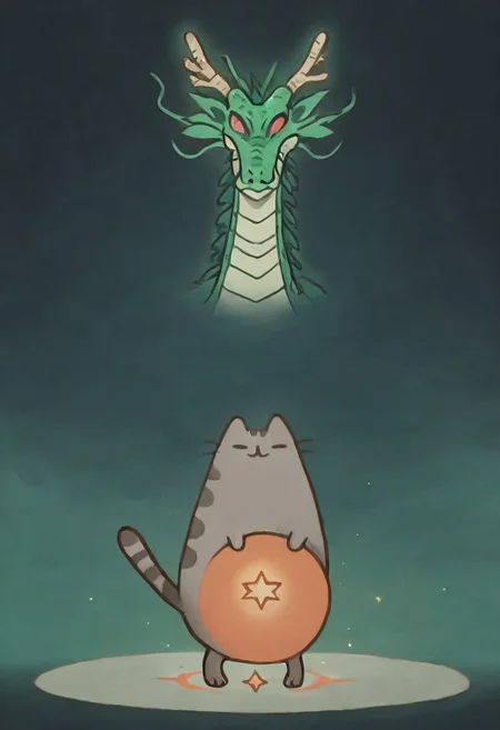 Bosstyle, Pusheen summoning a giant green Dragon: Capture the essence of nostalgia and color in this animated illustration. Dominating the scene is a meticulously detailed, translucent green scaled chinese dragon with burning red eyes, adorned with vibrant patterns, blending seamlessly with its surroundings. masterpiece, best quality, amazing quality, no humans, Pusheen, ((Pusheen standing next to 7 orange balls that have stars on them)), summoning, shenron, extremely long green dragon shenron,