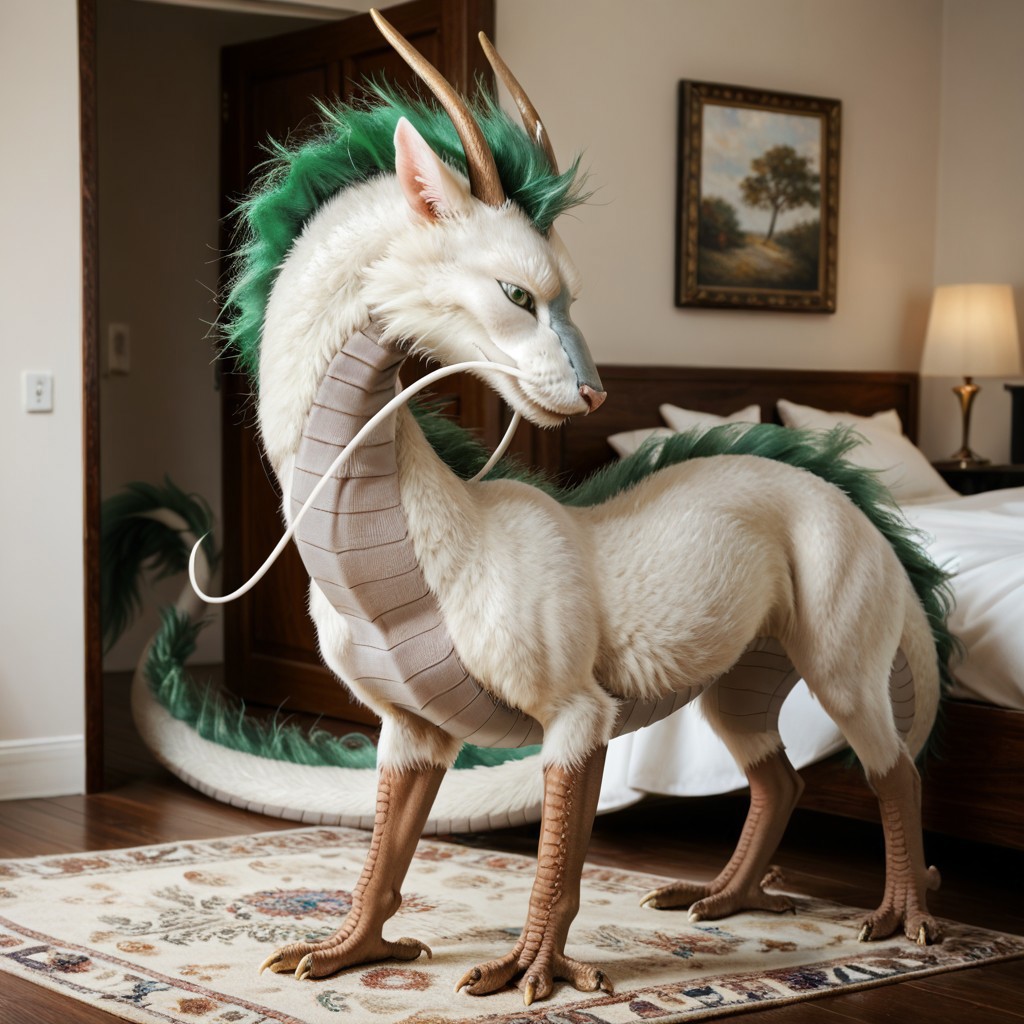 score_9, score_8_up, score_7_up, score_6_up, score_5_up, score_4_up, masterpiece, high quality, realistic, detailed, best quality, solo, rating_safe, source_furry, bedroom, smiling, seductive, looking at viewer, standing, full body, detailed eyes, feral, haku_sa, eastern dragon, white fur, green mane, horns, tail, claws, long white whisker, male, 1boy, green eyes,