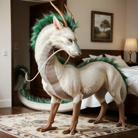 score_9, score_8_up, score_7_up, score_6_up, score_5_up, score_4_up, masterpiece, high quality, realistic, detailed, best quality, solo, rating_safe, source_furry, bedroom, smiling, seductive, looking at viewer, standing, full body, detailed eyes, feral, haku_sa, eastern dragon, white fur, green mane, horns, tail, claws, long white whisker, male, 1boy, green eyes,