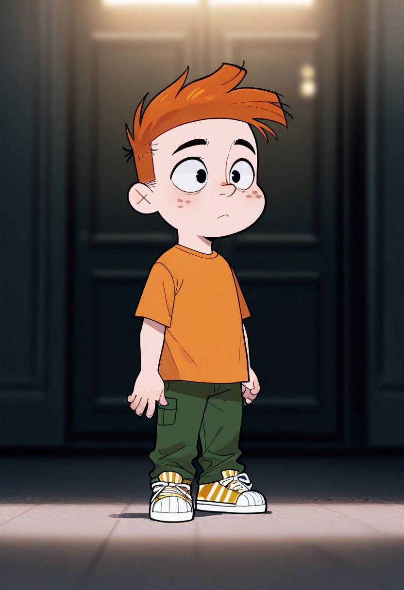 masterpiece, best quality, amazing quality, very aesthetic, absurdres, newest, volumetric lighting, 
cinematic, intricately detailed illustration, depth of field, masterpiece, best quality, amazing quality, very aesthetic, absurdres, newest, 1boy, male focus, cute boy, solo, Adam Lyon, Black Eyes, Orange Hair, Freckles, Orange Shirt, Green Pants, Red and Yellow Striped Shoes, 15546+456868