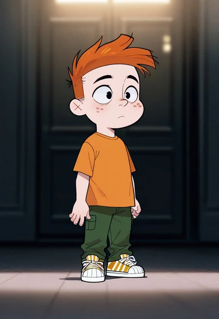 masterpiece, best quality, amazing quality, very aesthetic, absurdres, newest, volumetric lighting,
cinematic, intricately detailed illustration, depth of field, masterpiece, best quality, amazing quality, very aesthetic, absurdres, newest, 1boy, male focus, cute boy, solo, Adam Lyon, Black Eyes, Orange Hair, Freckles, Orange Shirt, Green Pants, Red and Yellow Striped Shoes, 15546+456868