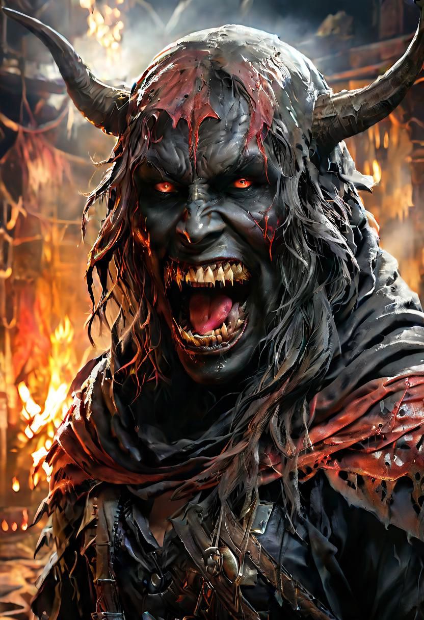 Close-up, demon, chaos, vicious and suffocating horror, darkness, irretrievably addictive and bewitching abyss of sinful hell, Style by Gabriele Dell'otto, AI Midjourney, bright saturated colors, watercolor, oil paints, HDR, 500px, 4k,
