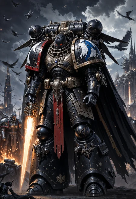 a RavenG40k warrior in a dynamic pose. The character is clad in heavy, metallic armor with a predominantly dark color scheme, accented by white and blue highlights. The armor is intricately detailed, with a large, rocket-like jetpack mounted on the back, emitting powerful flames. The helmet is angular and covers the face completely, adding a mysterious and intimidating aura. The warrior has various gadgets and pouches are attached to the armor. The background depicts a chaotic, battle-like scene with flying crows and explosions, enhancing the sense of action and intensity. The overall composition is dramatic, with a focus on the character's powerful stance and advanced technology. <lora:FluxMythP0rtr4itStyle:0.6> <lora:flux.1_lora_flyway_Epic-Characters_v1:0.6> <lora:Elden_Ring_-_Yoshitaka_Amano:0.33> <lora:FluxRavenG40k:0.9>