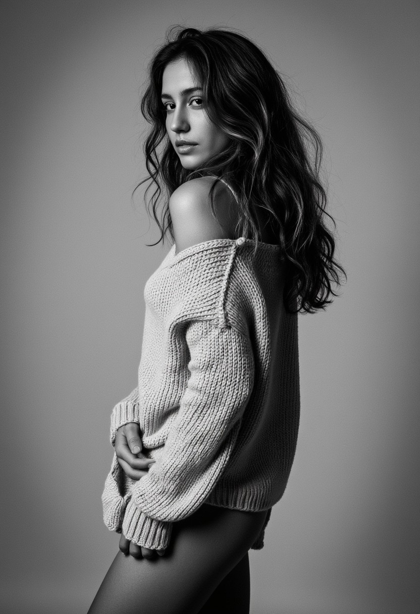 Mirrorless, Fujifilm X-T4, dramatic chiaroscuro lighting. Subject: Female 25-year-old Caucasian (5'8", slender build, B-cup, long wavy brown hair with subtle highlights, defined cheekbones). Setting: Minimalist studio with plain background. Pose: Standing three-quarter turn, looking off-camera to the right. Wearing an oversized knit sweater that hangs off one shoulder, no pants visible. Right hand grasping sweater hem near hip. Expression: Thoughtful, slightly melancholic. Style: High-contrast black and white portrait emphasizing texture of hair and sweater. Mood: Intimate, vulnerable, artistic.