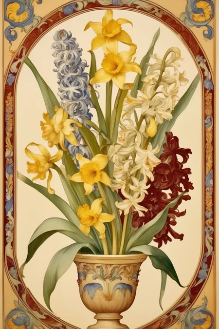 <lora:Anna Maria Garthwaite Style:1>Anna Maria Garthwaite Style - Garden hyacinth and narcissist flowers bouquet standing in arc, vintage painting, Dutch masterpiece still life style, Jacob Marrel style, William John Wainwright style, in richly decorated Art Nouveau pattern border, Alphonse Mucha style, beige and yellow and burgundy colors background, watercolor, very high detailed,