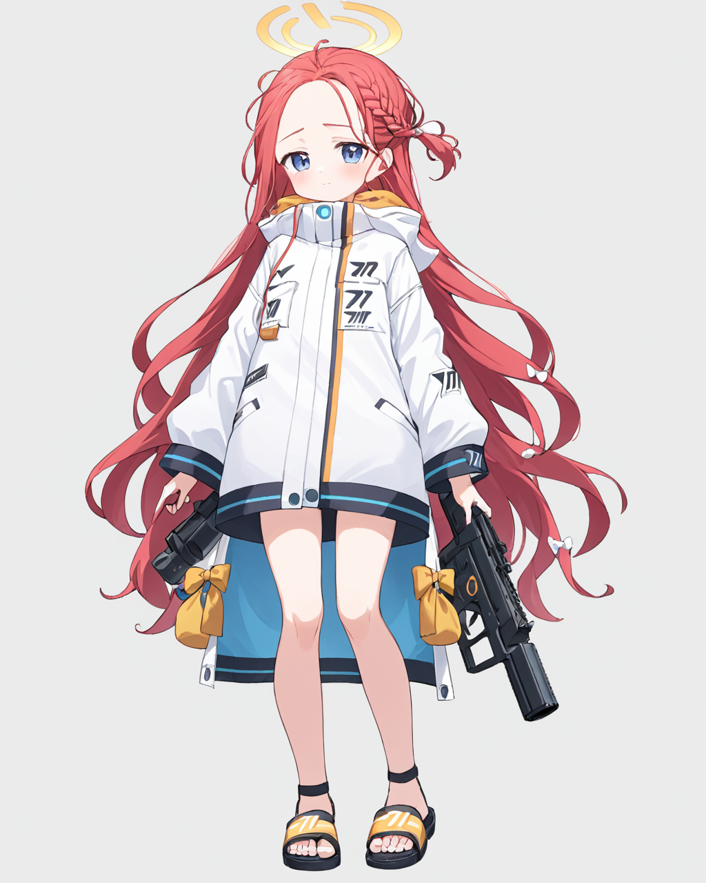 yuzu \(blue archive\),1girl, solo, halo, white_background, jacket, sandals, grenade_launcher, full_body, blush, looking_at_viewer, simple_background, forehead, braid, bare_legs, holding, standing, long_sleeves, gun, hair_bow
<lora:yuzu_(blue_archive)_image343_2023-11-18_spv-000035:1>. gorgeous,key visual, vibrant, studio anime,award-winning, professional, highly detailed,high budget, cinemascope